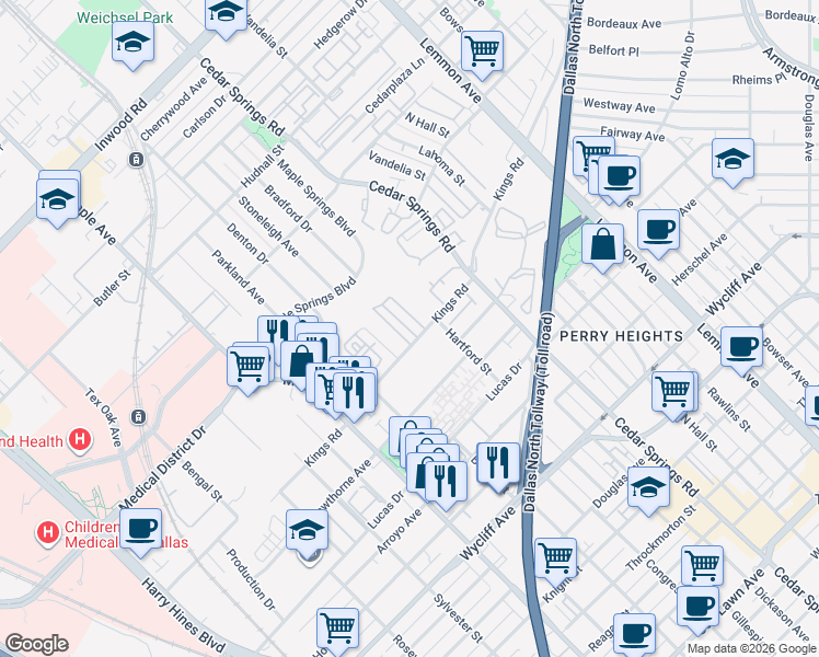map of restaurants, bars, coffee shops, grocery stores, and more near 2833 Kings Road in Dallas