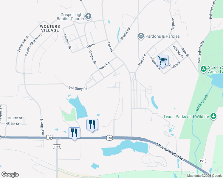 map of restaurants, bars, coffee shops, grocery stores, and more near 6504 Wimbleton Court in Mineral Wells