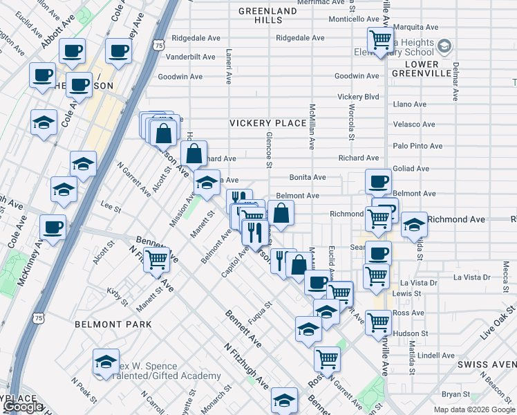map of restaurants, bars, coffee shops, grocery stores, and more near 5314 Belmont Avenue in Dallas