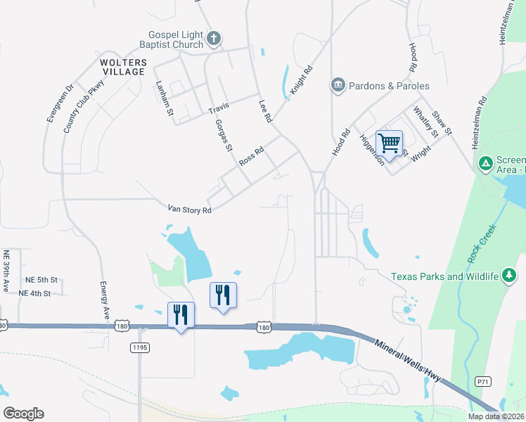 map of restaurants, bars, coffee shops, grocery stores, and more near 6504 Wimbleton Court in Mineral Wells