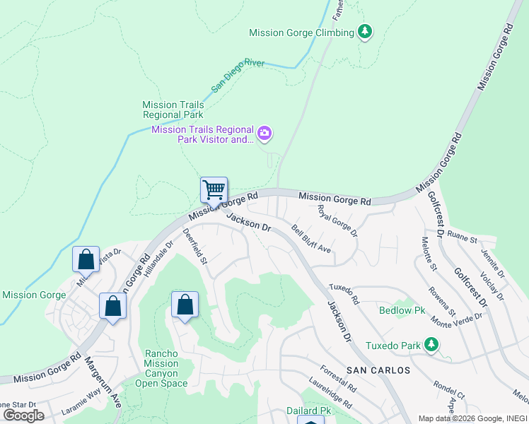 map of restaurants, bars, coffee shops, grocery stores, and more near 6474 Bell Bluff Avenue in San Diego