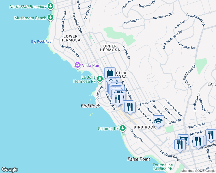 map of restaurants, bars, coffee shops, grocery stores, and more near 5761 La Jolla Boulevard in San Diego