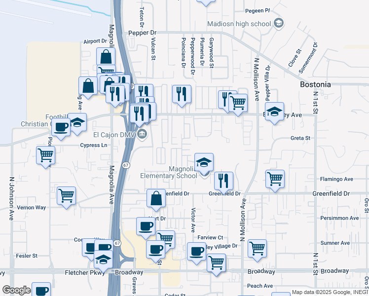 map of restaurants, bars, coffee shops, grocery stores, and more near 351 East Bradley Avenue in El Cajon