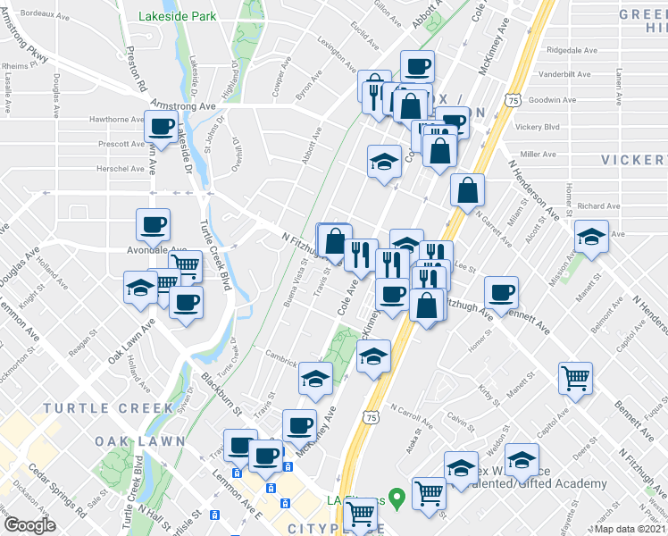 map of restaurants, bars, coffee shops, grocery stores, and more near 3247 North Fitzhugh Avenue in Dallas