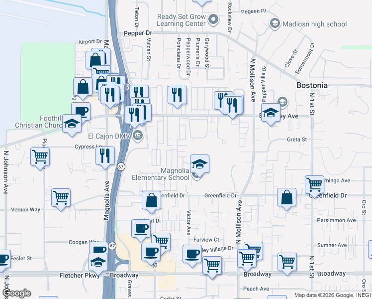 map of restaurants, bars, coffee shops, grocery stores, and more near 351 East Bradley Avenue in El Cajon