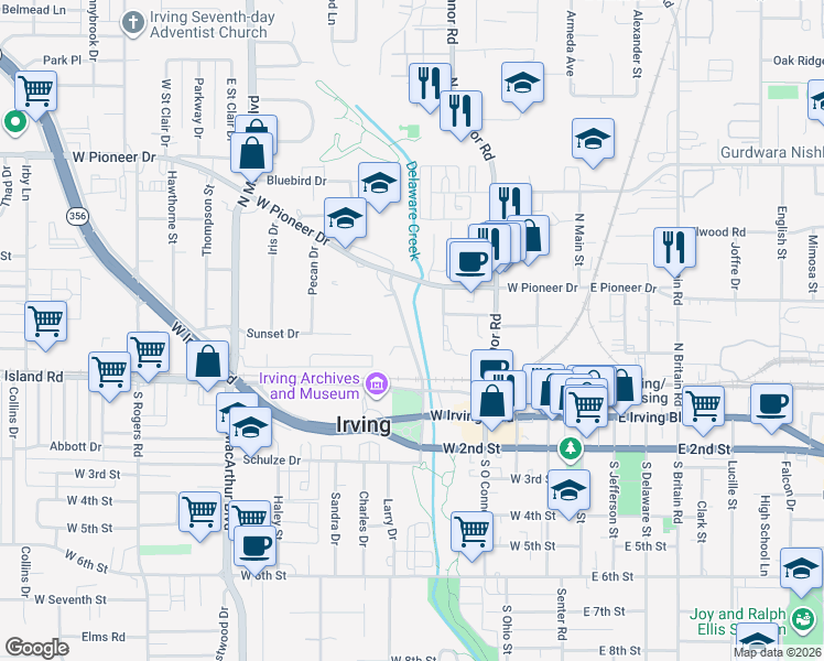 map of restaurants, bars, coffee shops, grocery stores, and more near 512 North Sowers Road in Irving