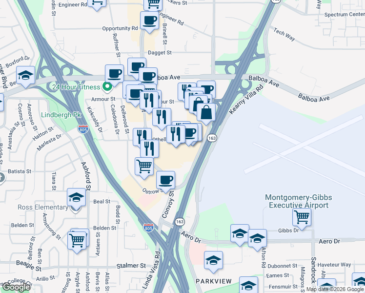 map of restaurants, bars, coffee shops, grocery stores, and more near 8001 Othello Avenue in San Diego