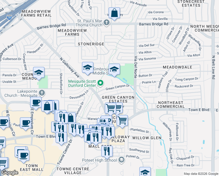 map of restaurants, bars, coffee shops, grocery stores, and more near 991 Green Canyon Drive in Mesquite