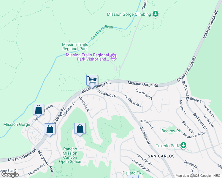 map of restaurants, bars, coffee shops, grocery stores, and more near 6474 Bell Bluff Avenue in San Diego