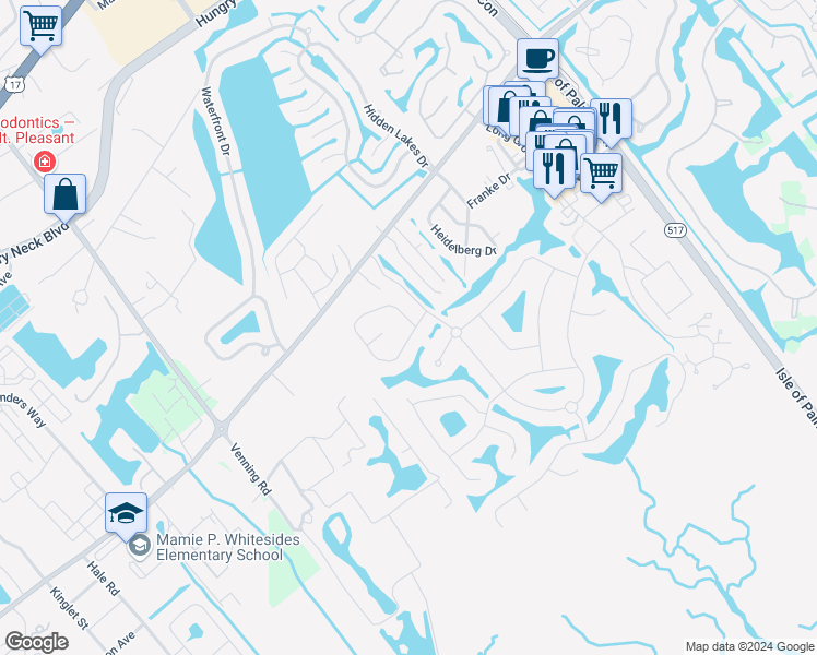 map of restaurants, bars, coffee shops, grocery stores, and more near 1215 Wild Olive Drive in Mount Pleasant