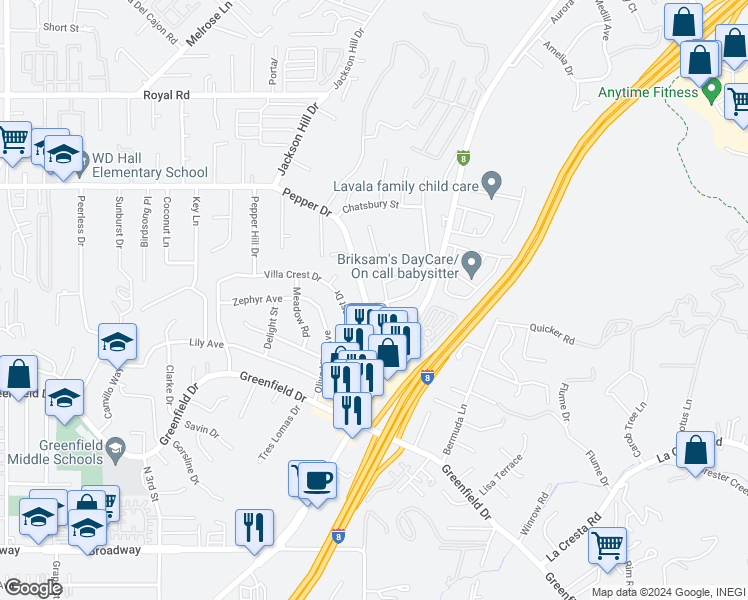 map of restaurants, bars, coffee shops, grocery stores, and more near 1696 Pepper Drive in El Cajon