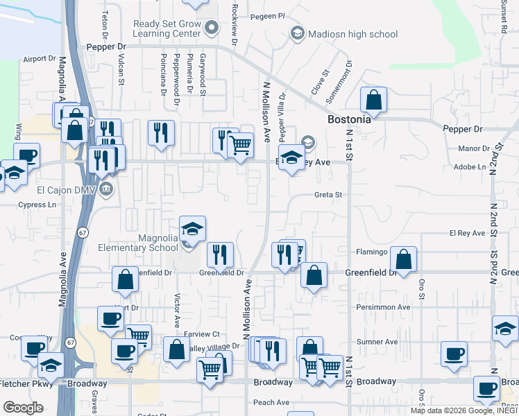 map of restaurants, bars, coffee shops, grocery stores, and more near 930 Spinel Avenue in El Cajon