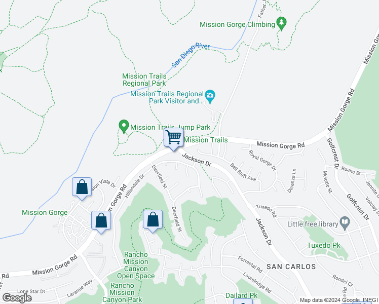 map of restaurants, bars, coffee shops, grocery stores, and more near 6407 Bell Bluff Avenue in San Diego