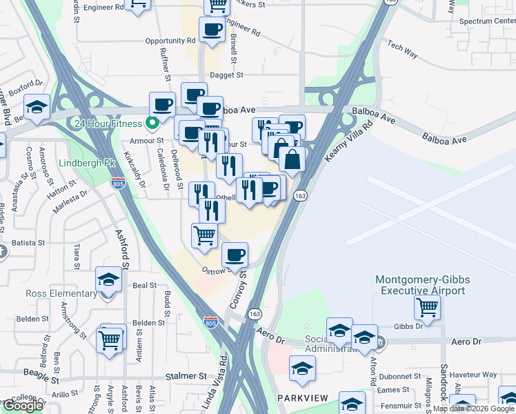 map of restaurants, bars, coffee shops, grocery stores, and more near 8095-8099 Othello Ave in San Diego