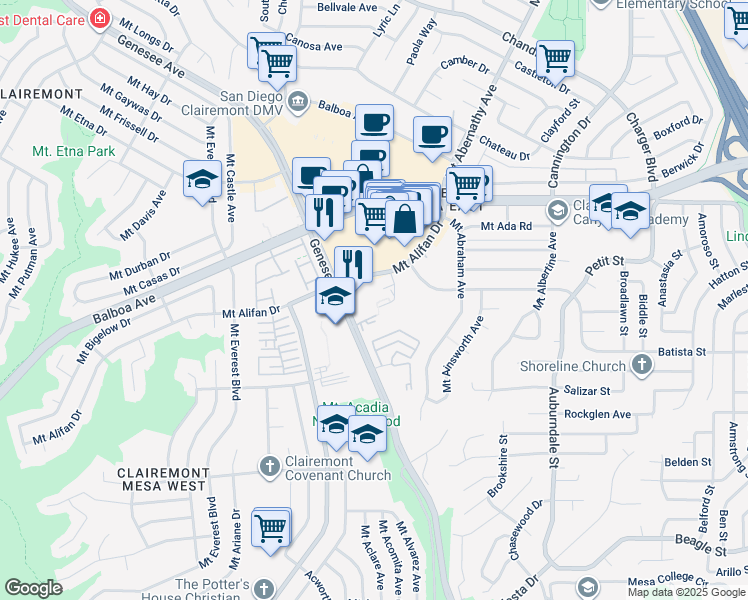 map of restaurants, bars, coffee shops, grocery stores, and more near 4113 Mount Alifan Drive in San Diego