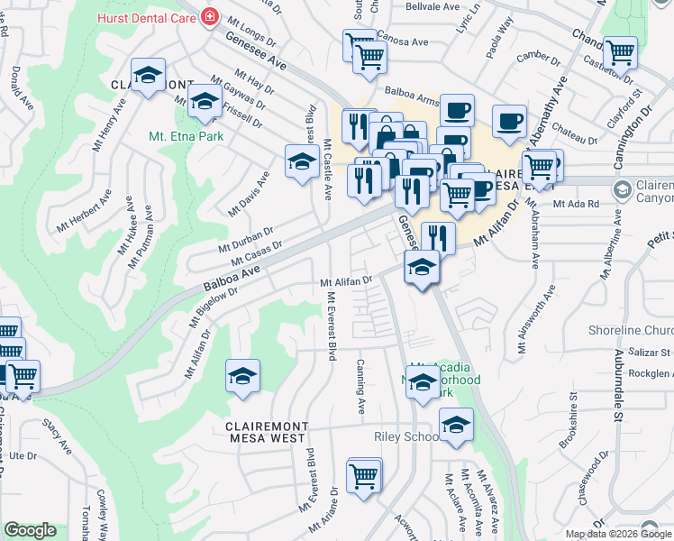 map of restaurants, bars, coffee shops, grocery stores, and more near 5220 Mount Alifan Drive in San Diego
