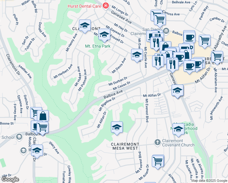 map of restaurants, bars, coffee shops, grocery stores, and more near 4802 Mount Casas Drive in San Diego