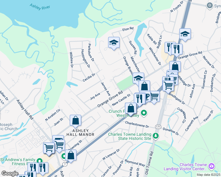 map of restaurants, bars, coffee shops, grocery stores, and more near 104 Royal Palm Boulevard in Charleston