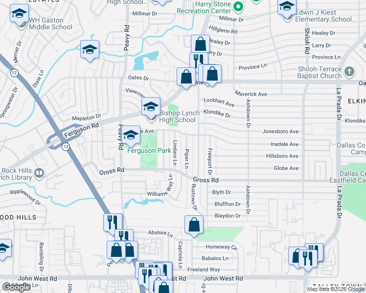 map of restaurants, bars, coffee shops, grocery stores, and more near 9208 Lindaro Lane in Dallas