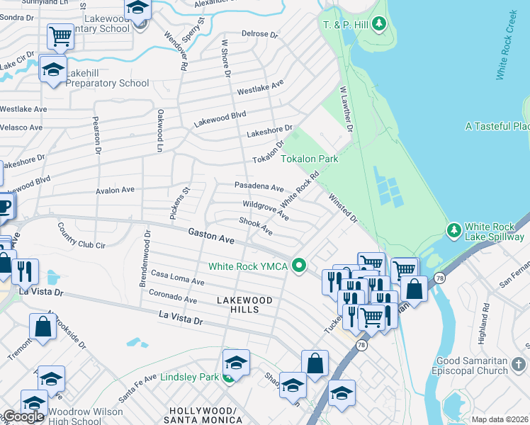 map of restaurants, bars, coffee shops, grocery stores, and more near 7010 Wildgrove Avenue in Dallas