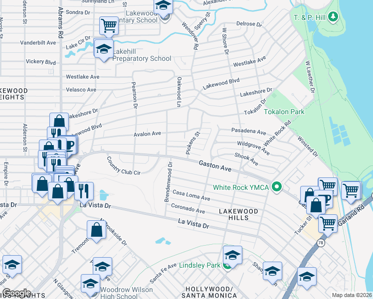 map of restaurants, bars, coffee shops, grocery stores, and more near 6831 Lorna Lane in Dallas