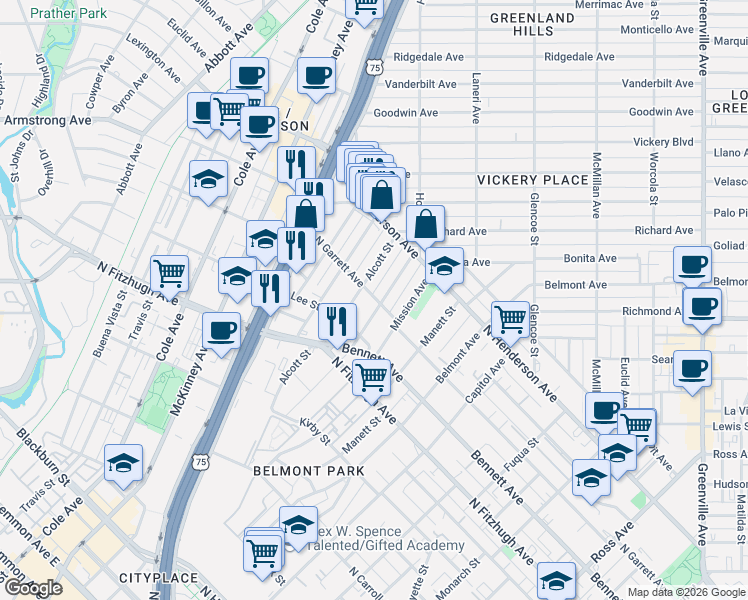 map of restaurants, bars, coffee shops, grocery stores, and more near 5034 Alcott Street in Dallas