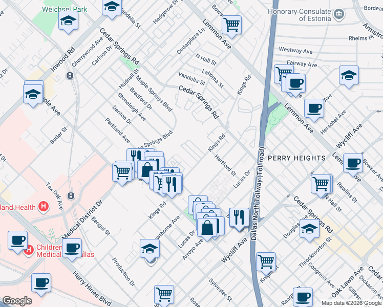map of restaurants, bars, coffee shops, grocery stores, and more near 4806 Bradford Drive in Dallas