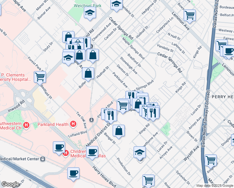map of restaurants, bars, coffee shops, grocery stores, and more near 2511 Fleetwood Oaks Avenue in Dallas