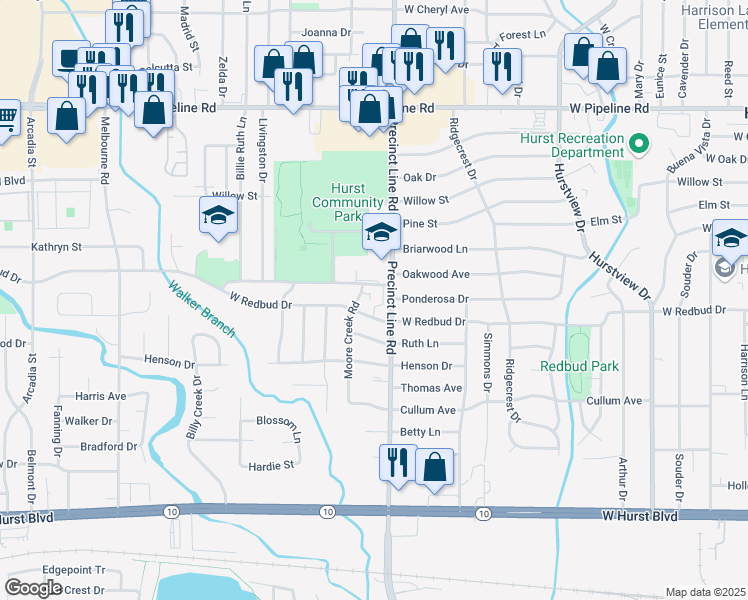 map of restaurants, bars, coffee shops, grocery stores, and more near 509 Moore Creek Road in Hurst