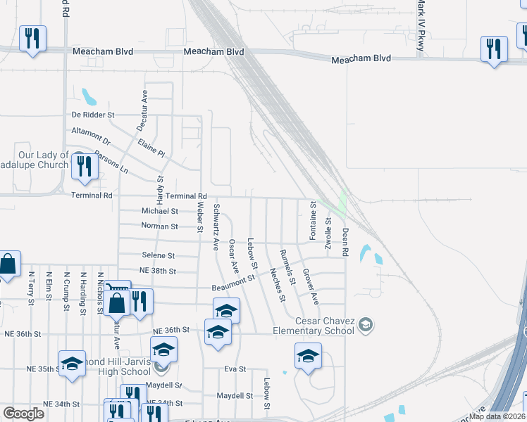 map of restaurants, bars, coffee shops, grocery stores, and more near 4044 Neches Street in Fort Worth