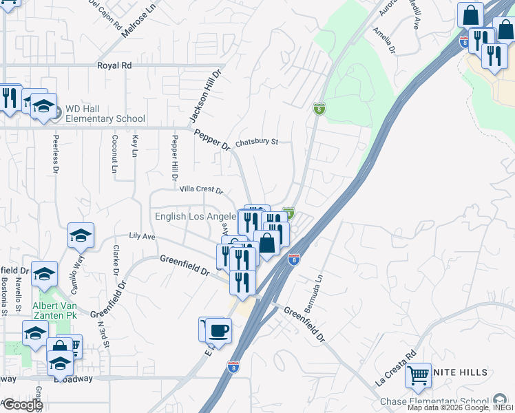 map of restaurants, bars, coffee shops, grocery stores, and more near 1696 Pepper Drive in El Cajon