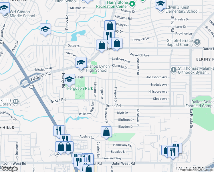 map of restaurants, bars, coffee shops, grocery stores, and more near 9307 Rustown Drive in Dallas