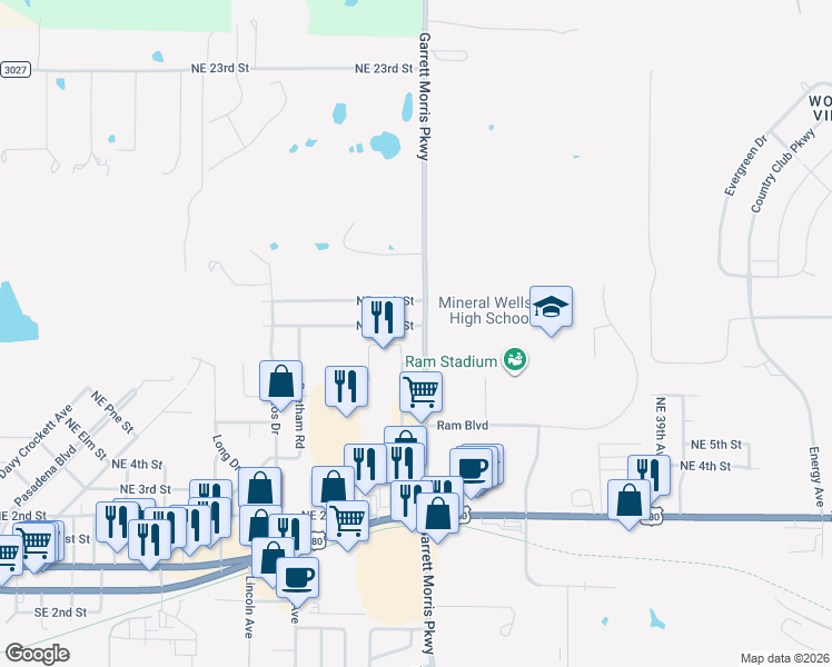 map of restaurants, bars, coffee shops, grocery stores, and more near 3407 Northeast 10th Street in Mineral Wells
