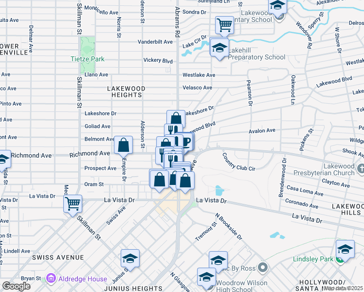 map of restaurants, bars, coffee shops, grocery stores, and more near 6407 Richmond Avenue in Dallas