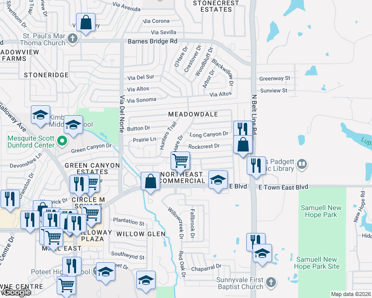 map of restaurants, bars, coffee shops, grocery stores, and more near 405 Rockcrest Drive in Mesquite