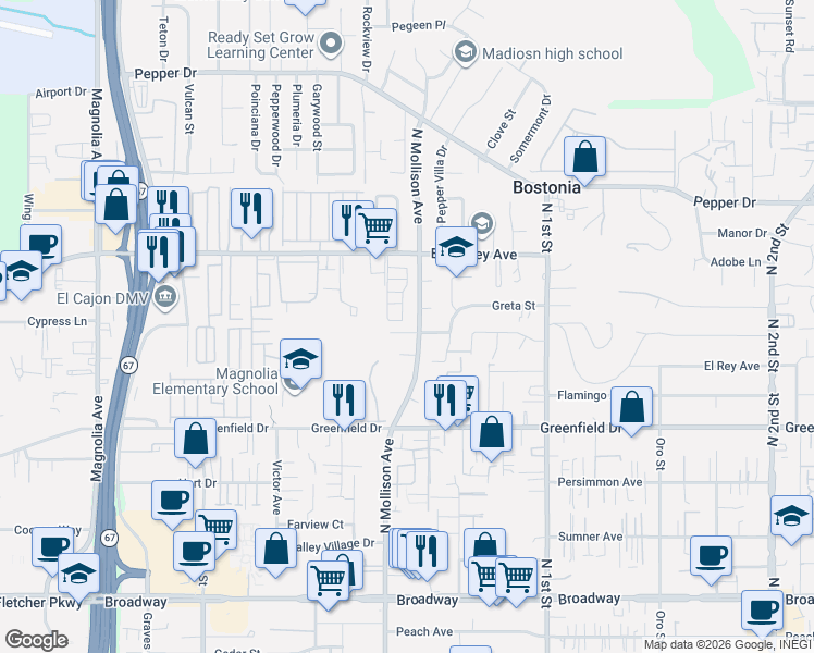 map of restaurants, bars, coffee shops, grocery stores, and more near 936 Spinel Avenue in El Cajon