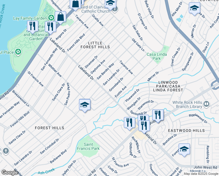 map of restaurants, bars, coffee shops, grocery stores, and more near 8615 Groveland Drive in Dallas