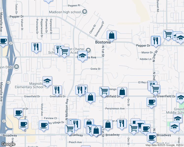 map of restaurants, bars, coffee shops, grocery stores, and more near 1040 Cajon Greens Drive in El Cajon