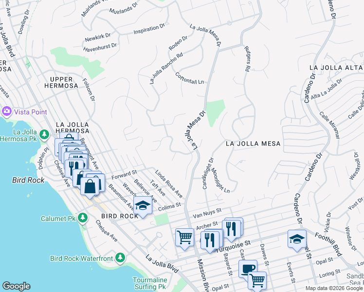 map of restaurants, bars, coffee shops, grocery stores, and more near 5632 Ladybird Lane in San Diego