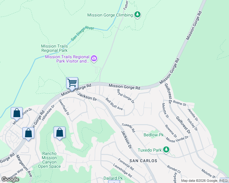 map of restaurants, bars, coffee shops, grocery stores, and more near 6585 Royal Gorge Court in San Diego
