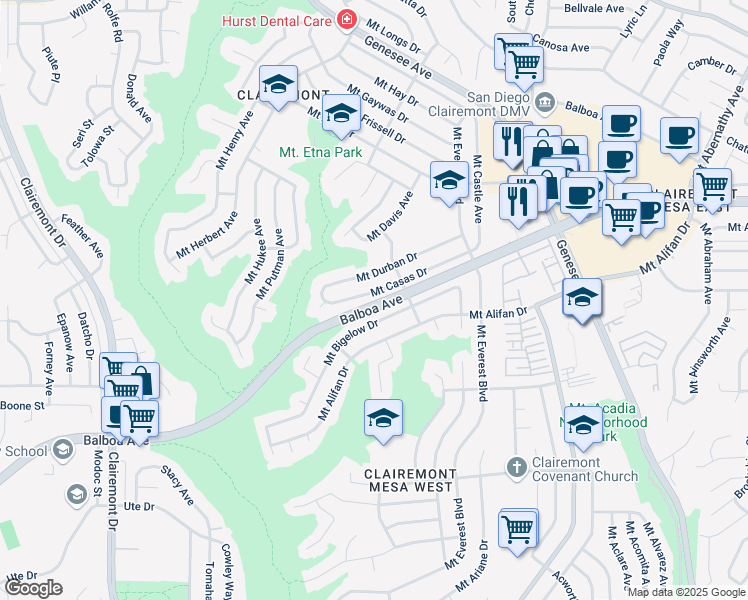 map of restaurants, bars, coffee shops, grocery stores, and more near 4802 Mount Casas Drive in San Diego