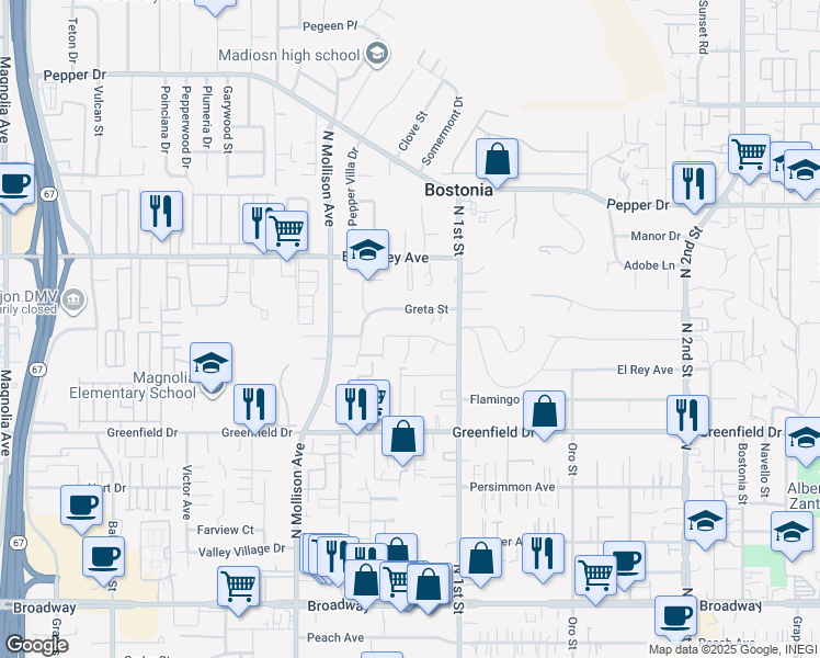 map of restaurants, bars, coffee shops, grocery stores, and more near 1040 Cajon Greens Drive in El Cajon