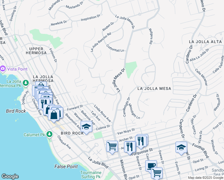 map of restaurants, bars, coffee shops, grocery stores, and more near 5632 Ladybird Lane in San Diego