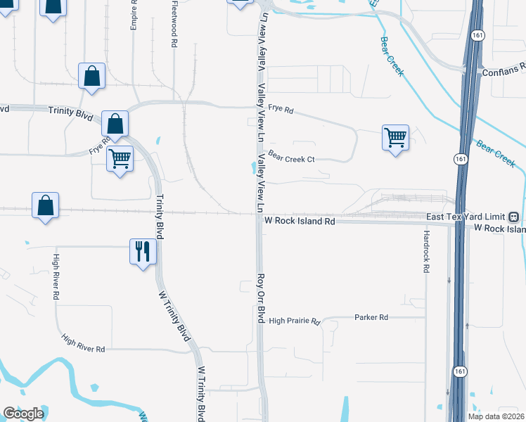 map of restaurants, bars, coffee shops, grocery stores, and more near 9001 West Rock Island Road in Irving