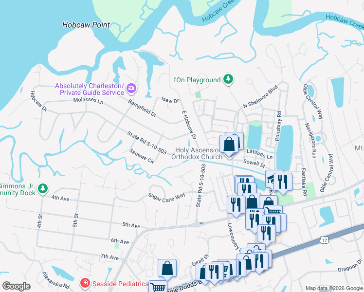 map of restaurants, bars, coffee shops, grocery stores, and more near 363 Molasses Lane in Mount Pleasant