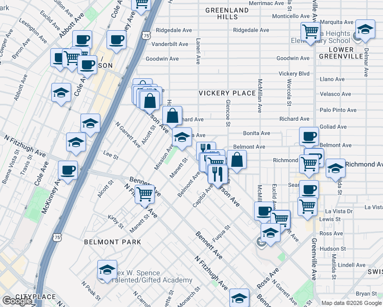 map of restaurants, bars, coffee shops, grocery stores, and more near 2603 Madera Street in Dallas