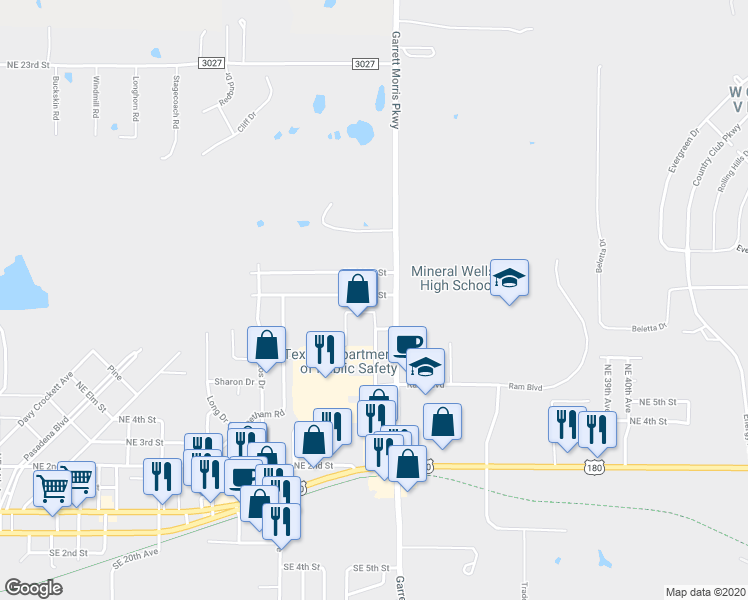 map of restaurants, bars, coffee shops, grocery stores, and more near 3404 Northeast 10th Street in Mineral Wells