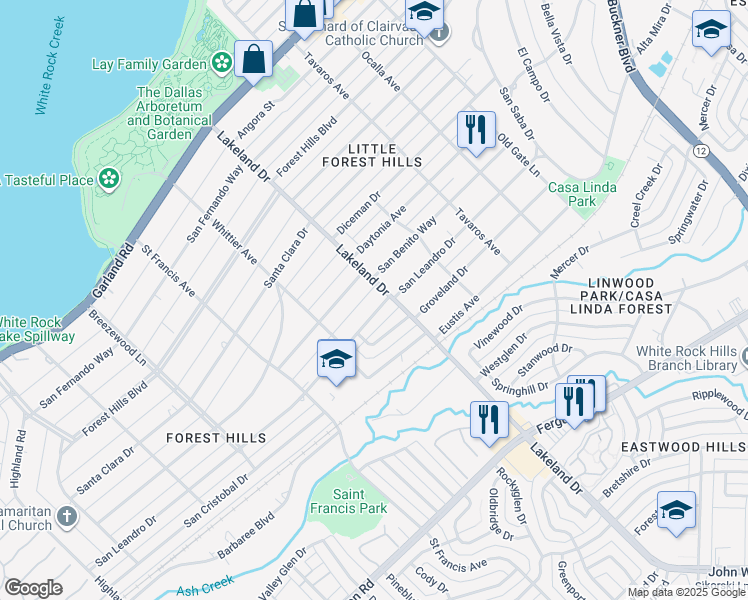 map of restaurants, bars, coffee shops, grocery stores, and more near 8555 San Leandro Drive in Dallas