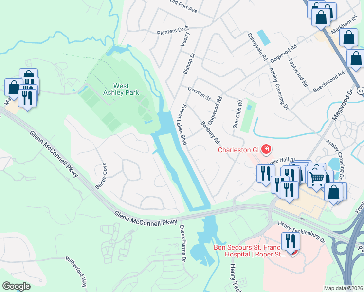 map of restaurants, bars, coffee shops, grocery stores, and more near 2200 Forest Lakes Boulevard in Charleston