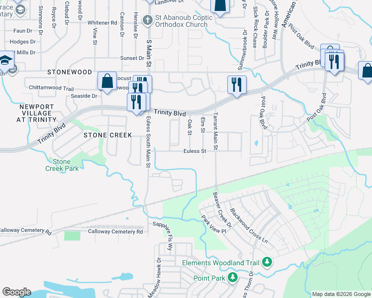 map of restaurants, bars, coffee shops, grocery stores, and more near 3708 Oak Street in Euless